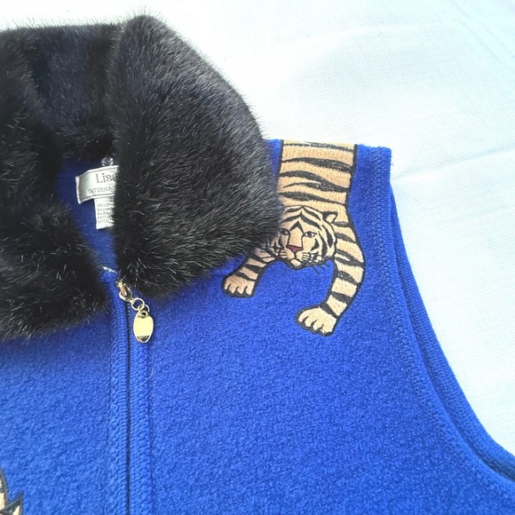 Vintage 90s Lisa International Tiger Boiled Wool Vest Large Blue Canada - Picture 2 of 9